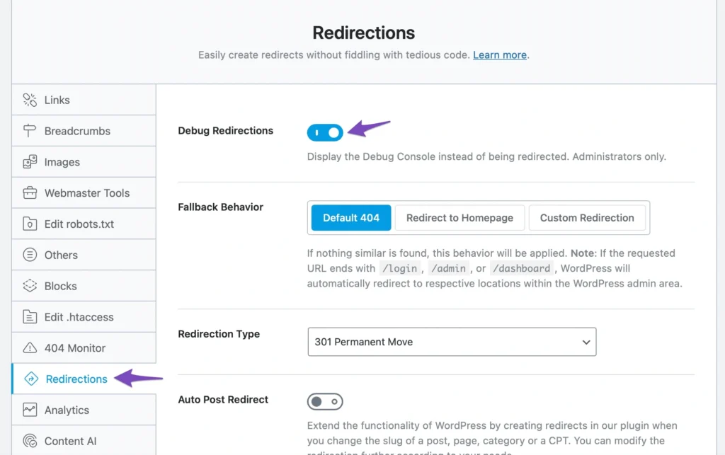 Rank Math Redirections